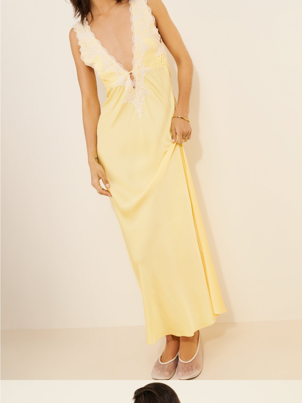Rumored Yellow Maxi Slip Dress with Cream Lace Trim